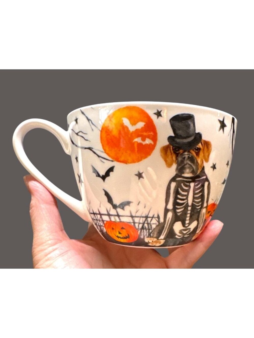 Boxer Dog Lovers!! Vintage Portobello Mug with Bony Boxer & Bats. Halloween Mug